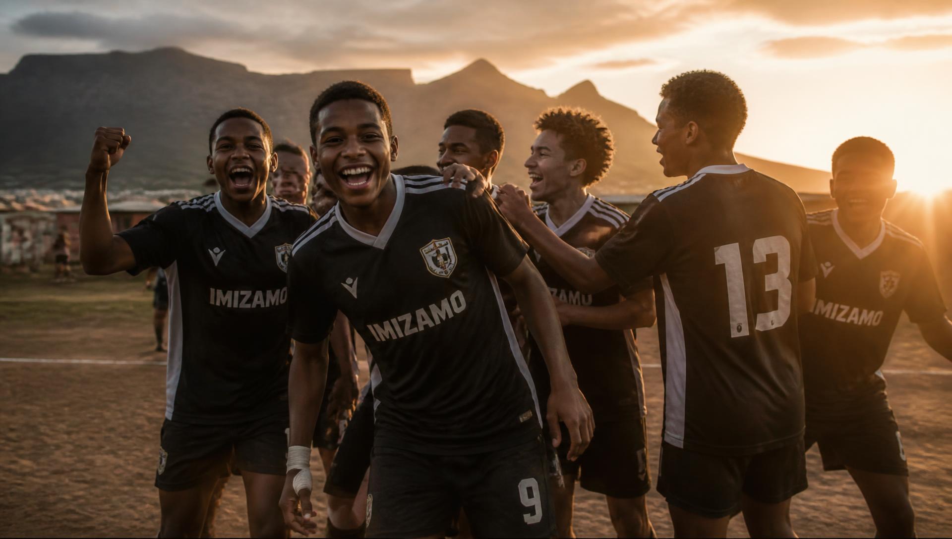 Young soccer players celebrating together on a community field in the Western Cape